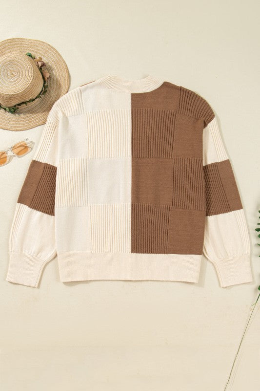 Plus Size Checker Ribbed Knit Buttoned V-Neck Card