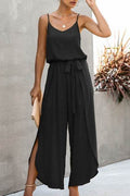 V Neck Suspenders Wide Leg Side Slit Jumpsuit