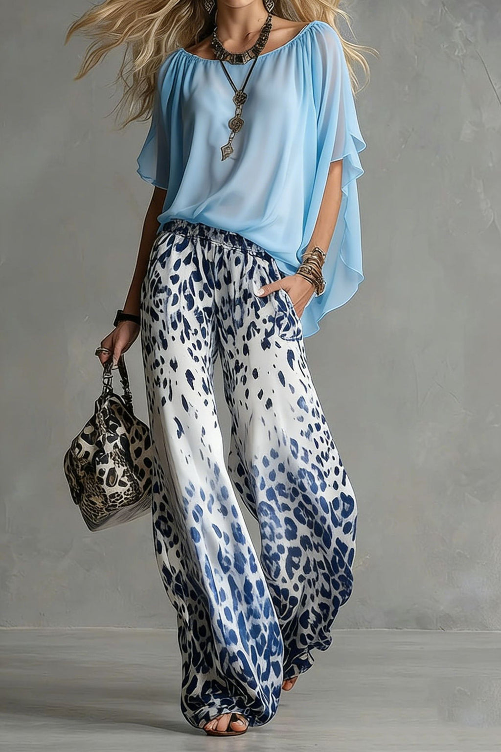 Chiffon Puff-Sleeve Top & Wide-Leg Pants Set – 15 Colors
