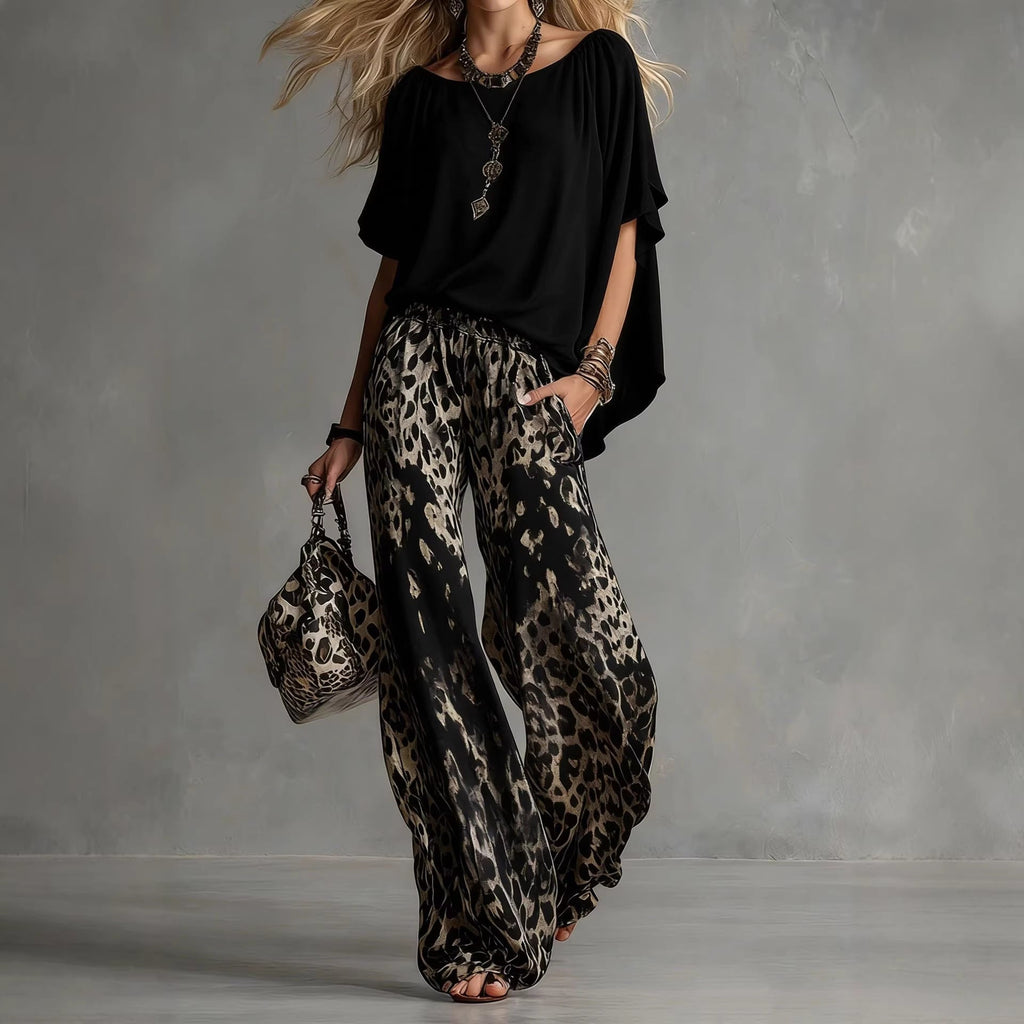 Chiffon Puff-Sleeve Top & Wide-Leg Pants Set – 15 Colors
