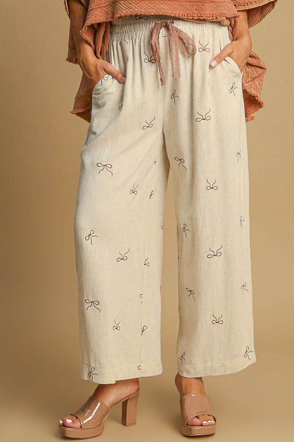 Umgee Full Size Lace Drawstring Embroidered Bow Wide Leg Pants Plus Size