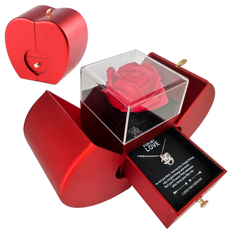 Fashion Jewelry Box Red Apple Gift Necklace Eternal Rose For Girl Mother's Day Valentine's Day Gifts With Artificial Flower Rose Flower Jewelry Box