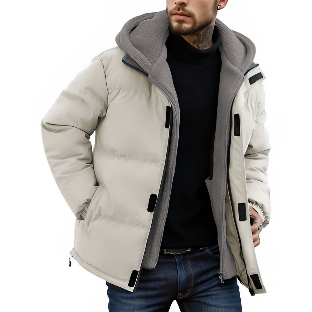 Winter Windproof Men's Faux Jacket Casual Polyester Coat with Detachable Hood Zip-Up Front Long Sleeves & Pockets Winter Clothes