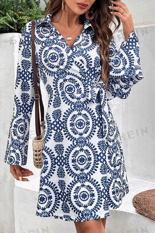 Women V Neck Wrapped Knot Long Sleeve Dress