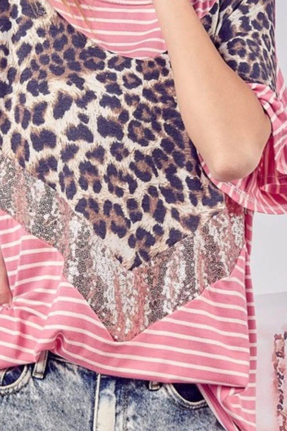BiBi Stripe Rayon Span Knit Color Block Top With Leopard