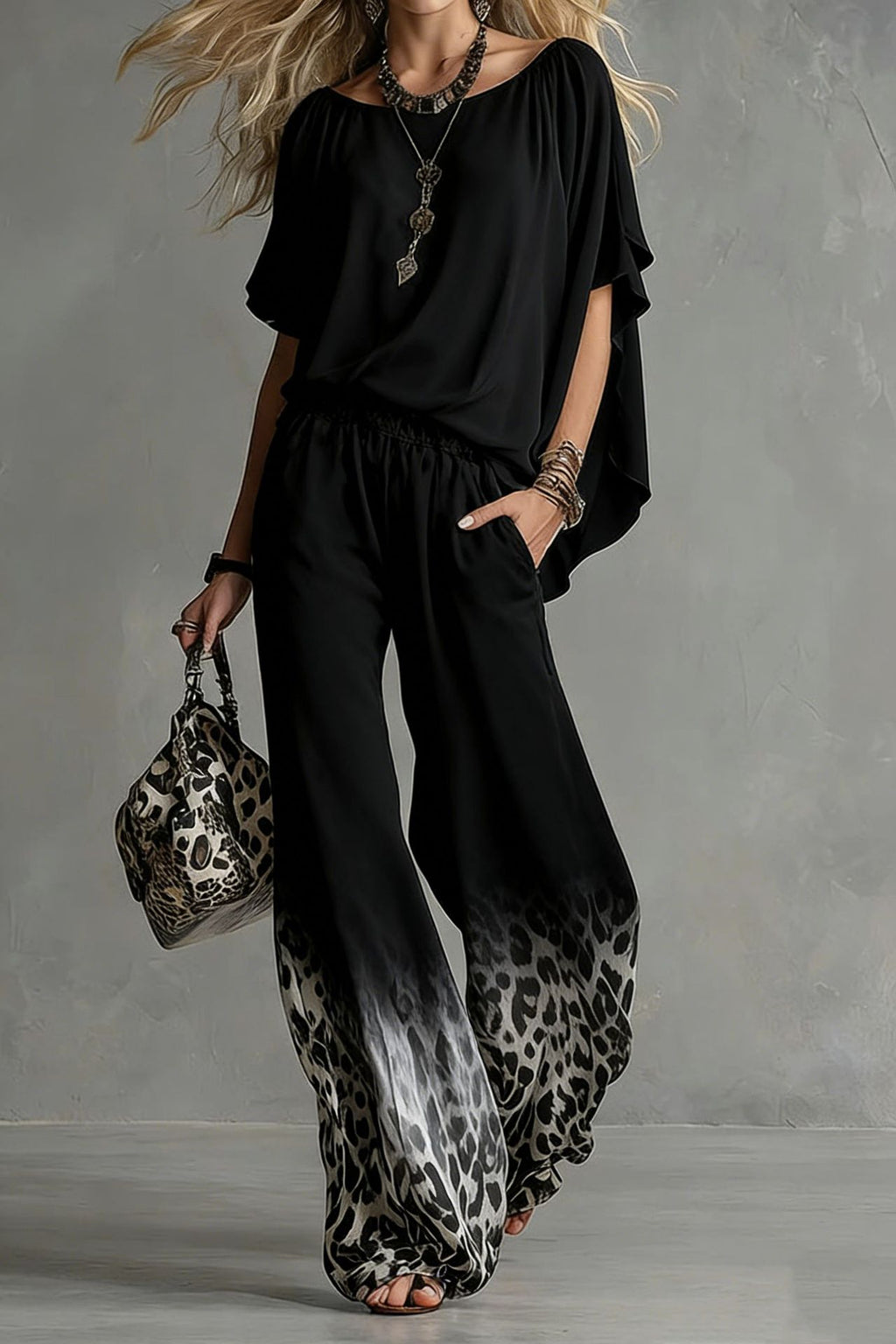 Chiffon Puff-Sleeve Top & Wide-Leg Pants Set – 15 Colors