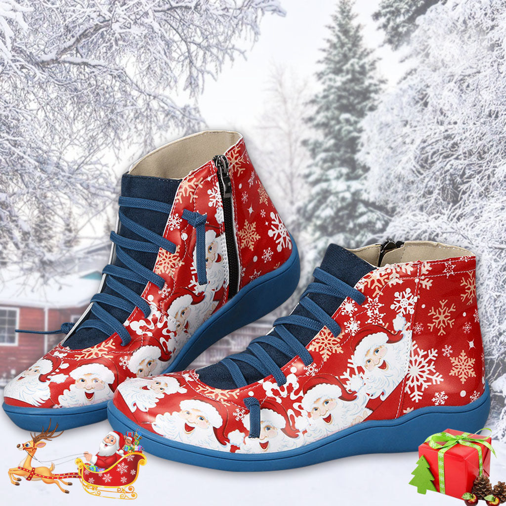 Ankle Boots Women Santa Claus Snowflake Print Flats Shoes Casual Slip-on Side Zipper Design Short Boot