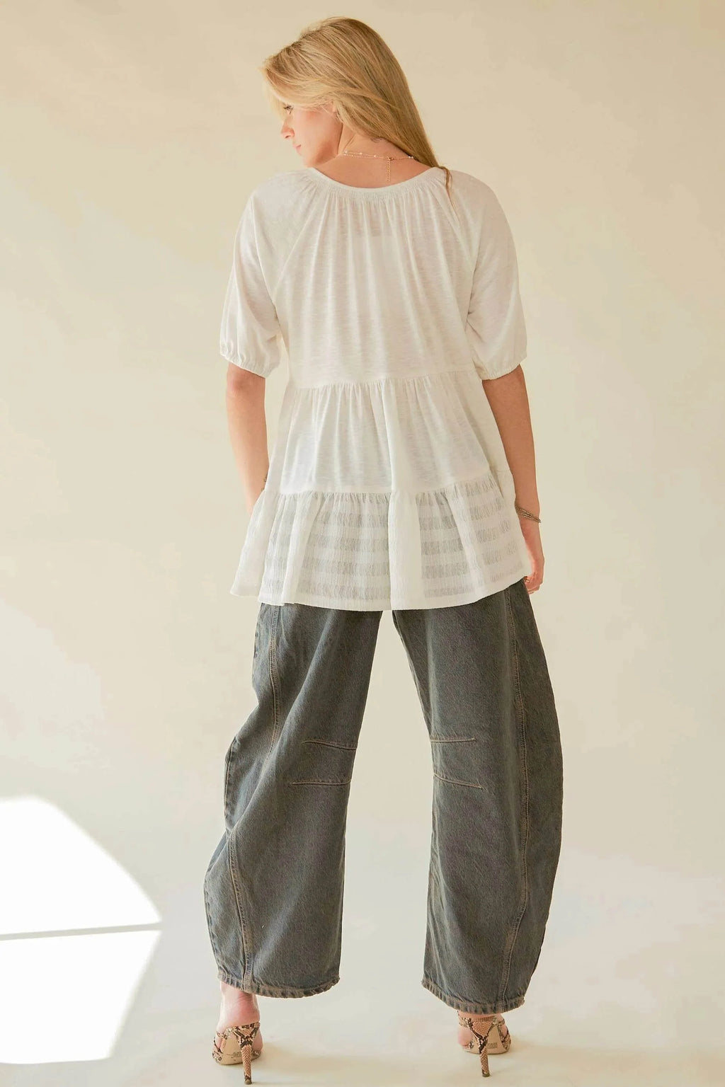 Davi & Dani Ruffled Flared Short Sleeve V Neck Blouse