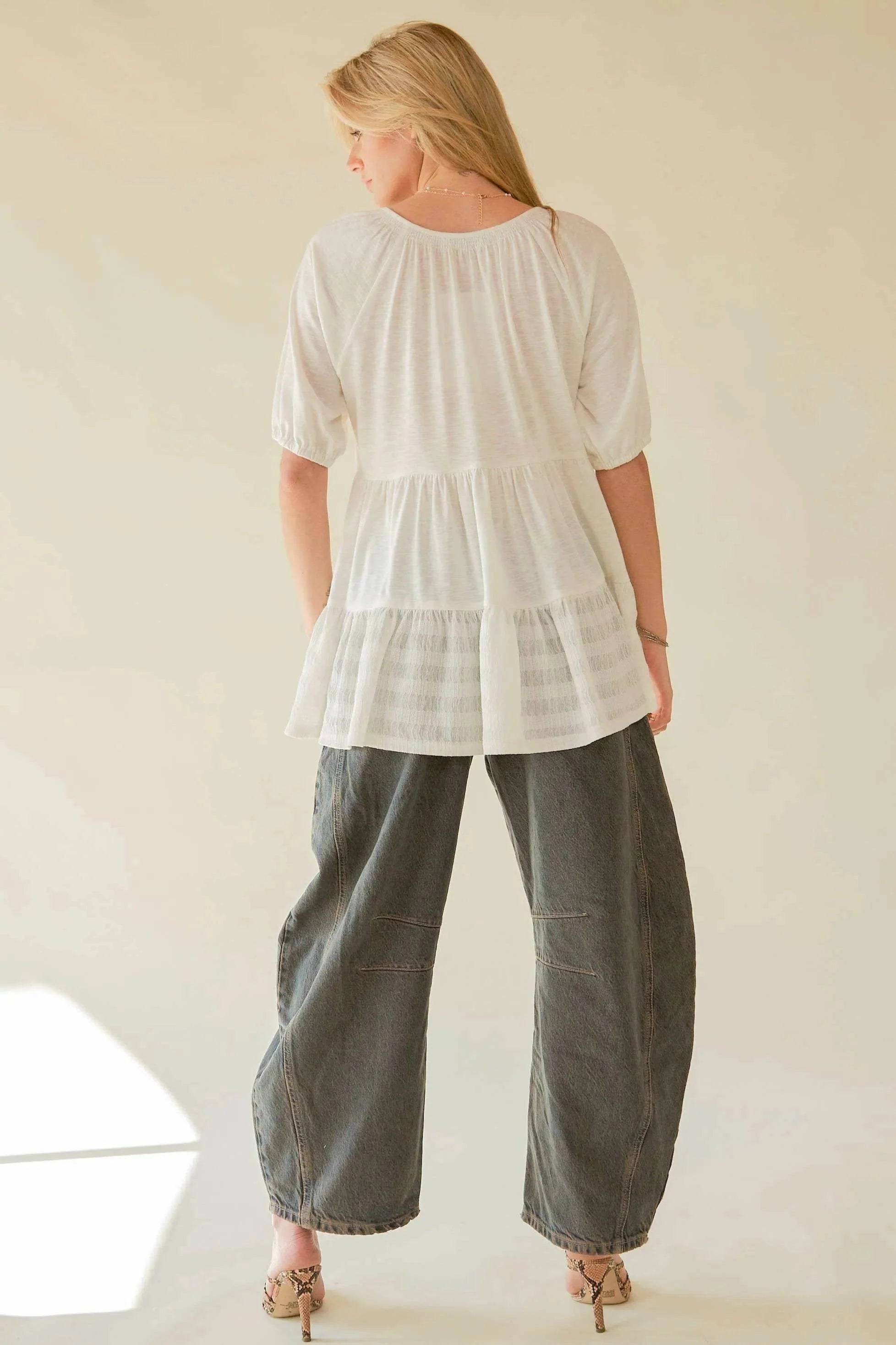 Davi & Dani Ruffled Flared Short Sleeve V Neck Blouse