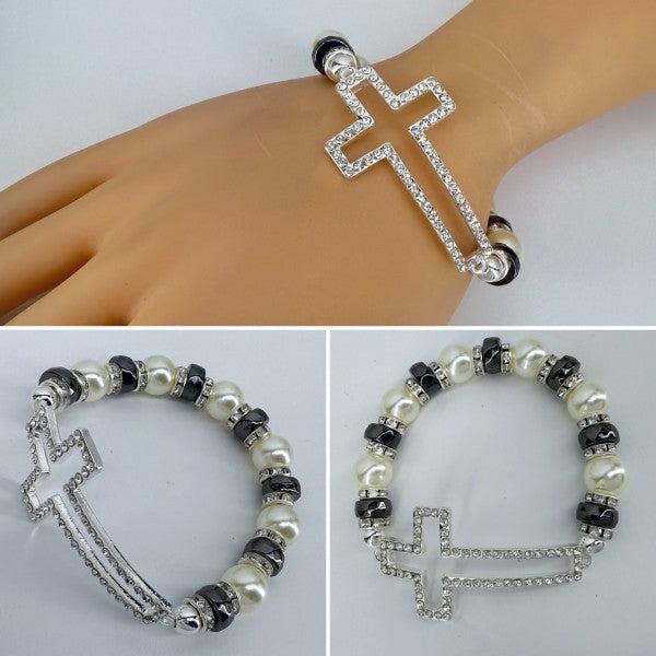 Silver Finish Stretchable Bracelet With Rhinestone