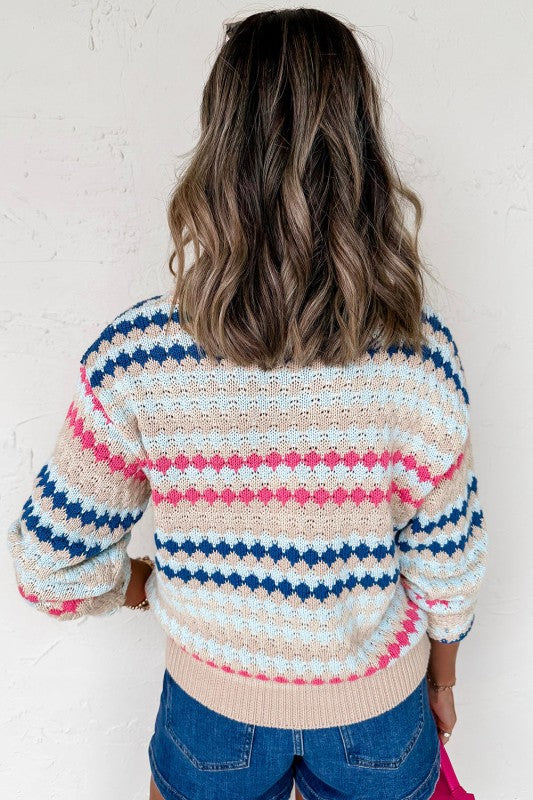 Stripe Eyelet Knit Drop Shoulder Sweater