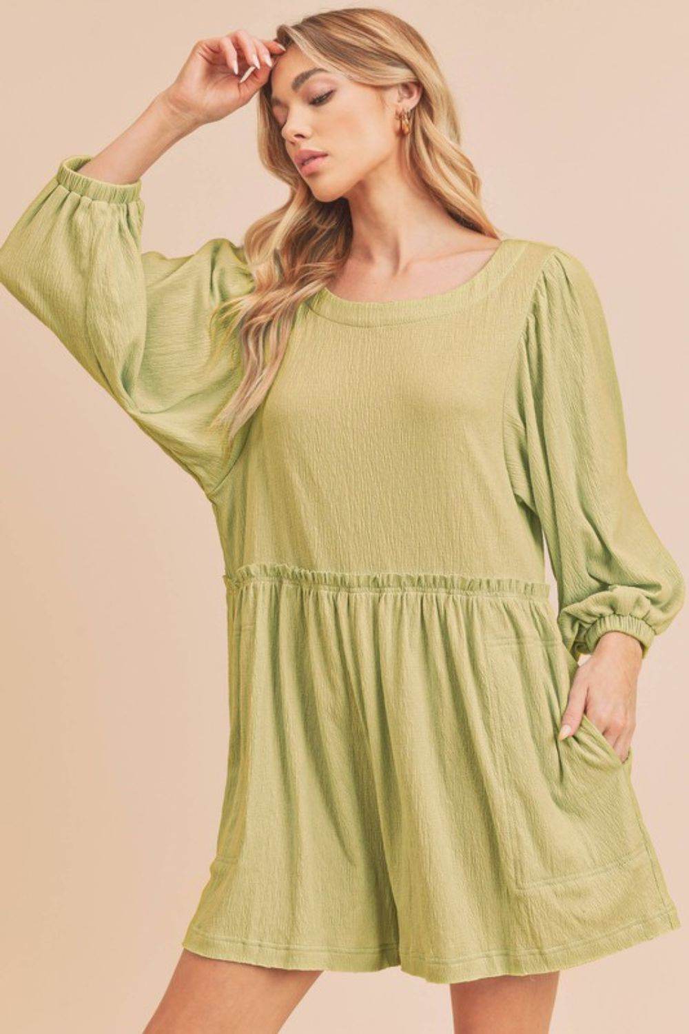Aemi + Co Frill Round Neck Long Sleeve Romper with Pockets