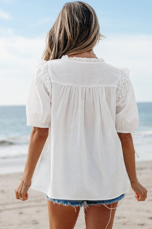 Ivory Embroidered Lace Tie Blouse