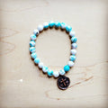 xxTurquoise White Beaded Stretch Bracelet w/Coin