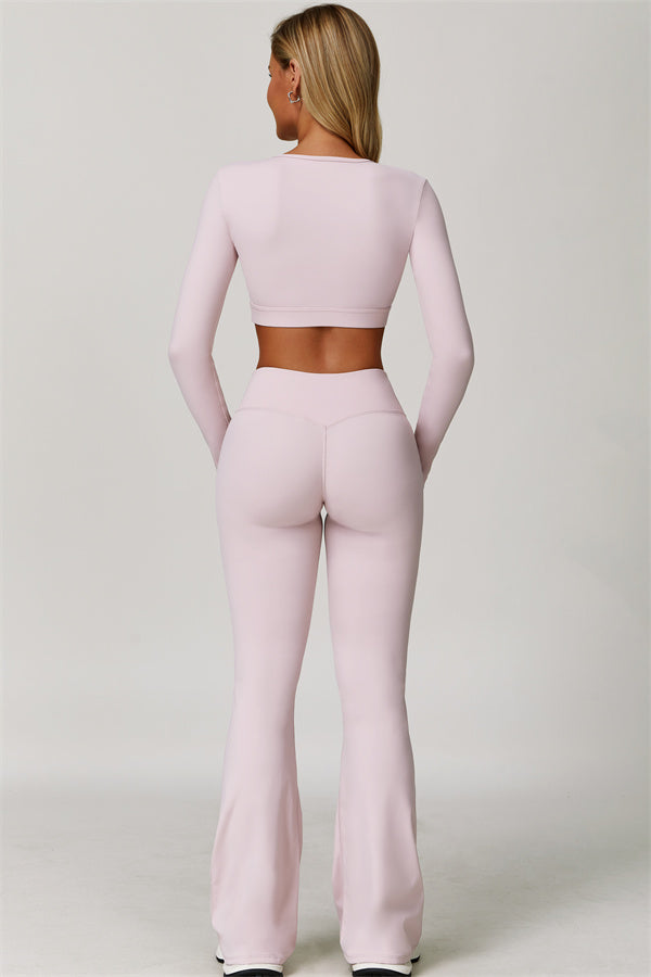 The Lavish Long Sleeve Cut-out Crop Top Flared Leggings 2-Piece Set