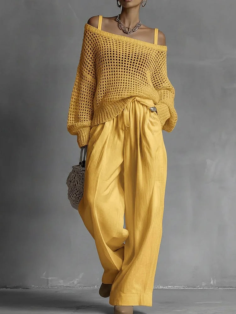 Women's Hollow-Out Knitted Top & Linen Pants Two-Piece Set
