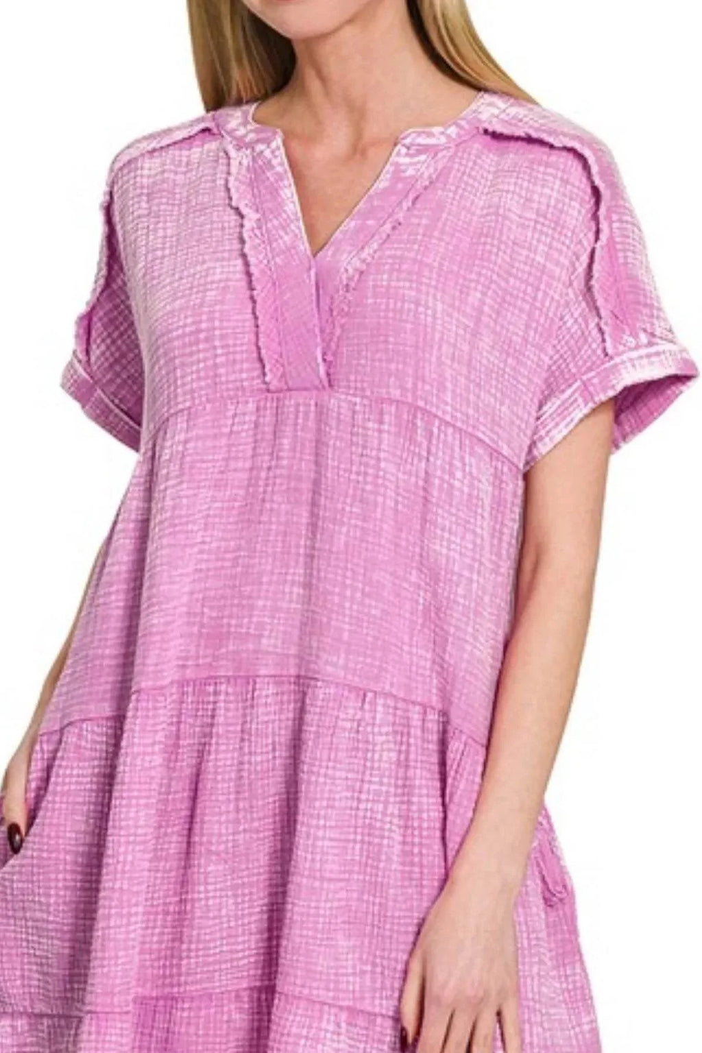 Zenana Washed Double Gauze Raw Edge V-neck Dress