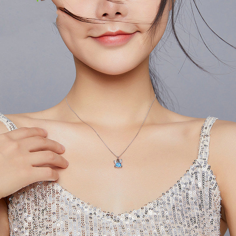 S925 Sterling Silver Blue Bear Necklace Lively And Cute