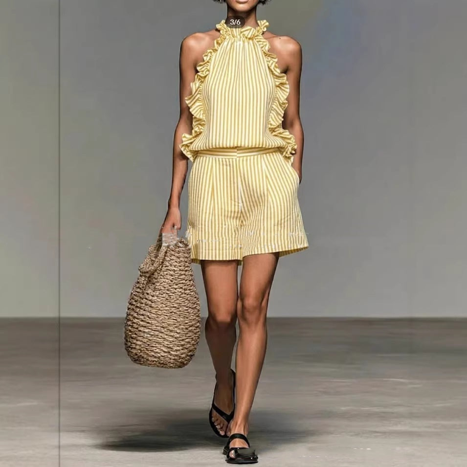 Women's Striped Stand Collar Sleeveless Top & Shorts Set