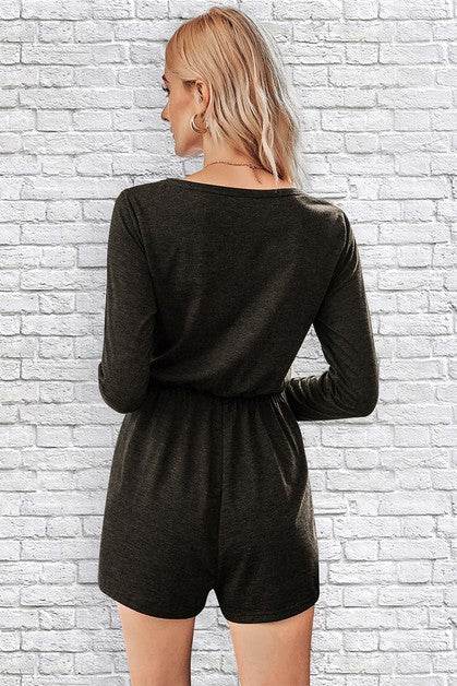 Button Down V Neck Solid Romper