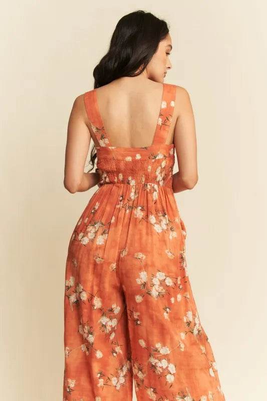 Davi & Dani Floral Ruffle Square Neck Smocking Bodice Jumpsuit