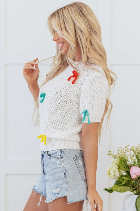 Bow Knit Crewneck Short Sleeve Sweater