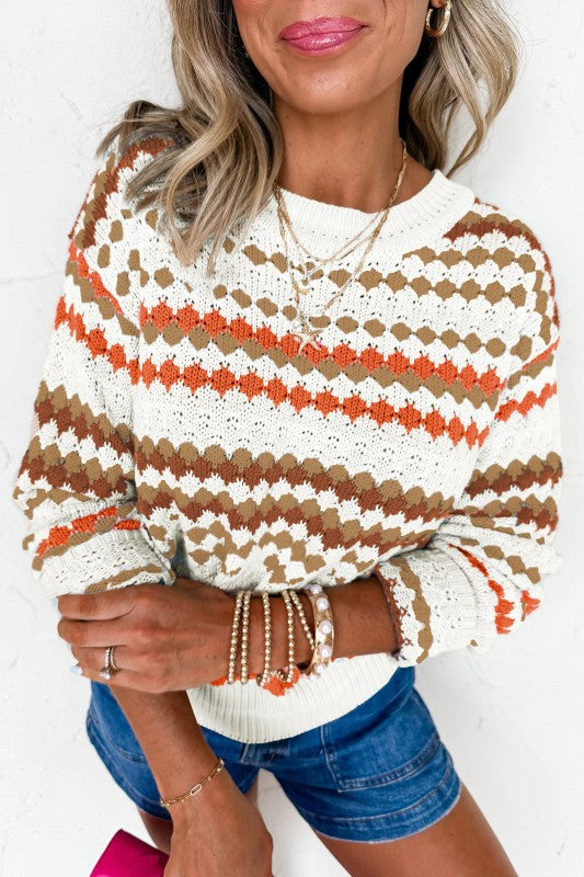 Stripe Eyelet Knit Drop Shoulder Sweater