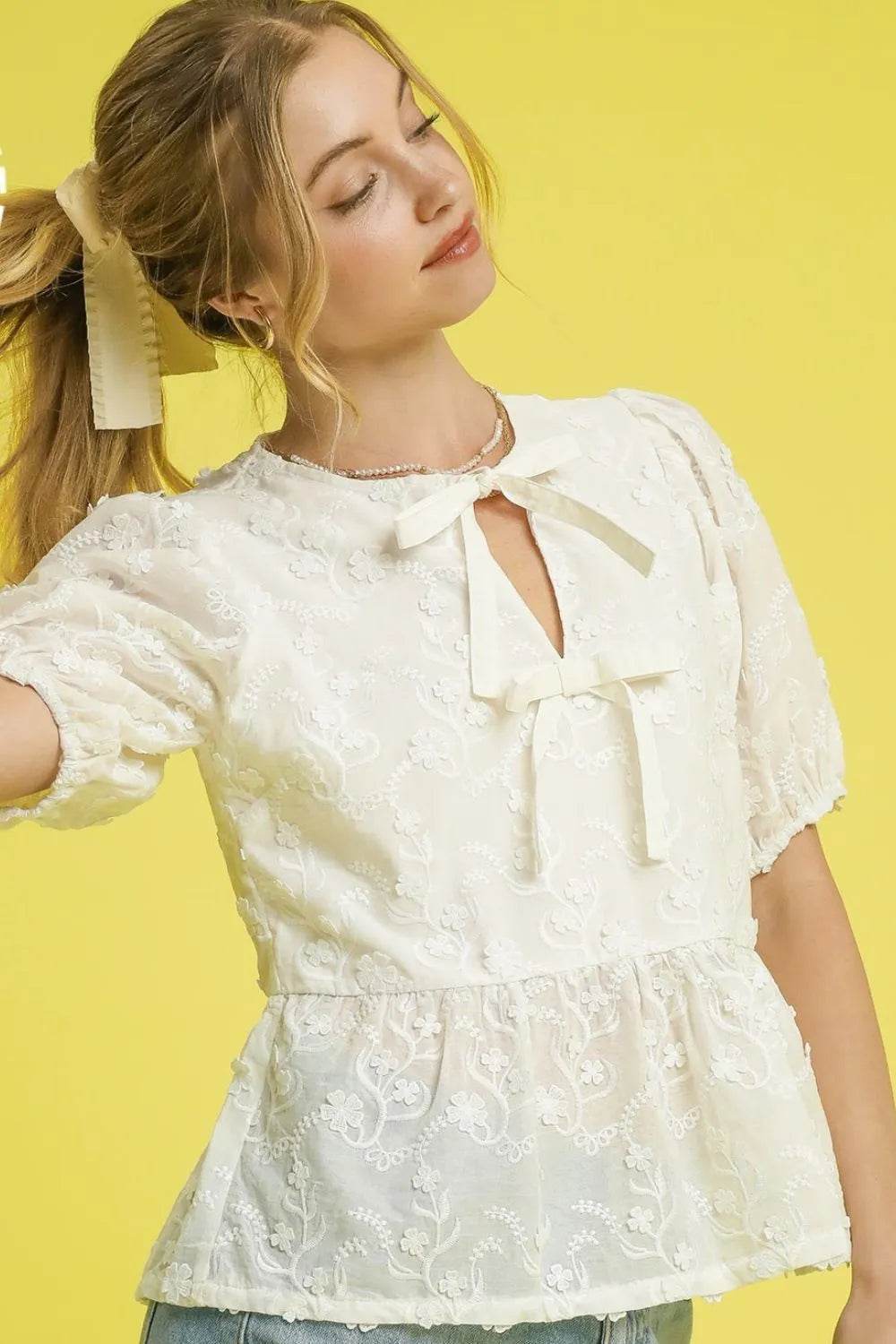 Umgee Embroidered Tie Front Peplum Blouse