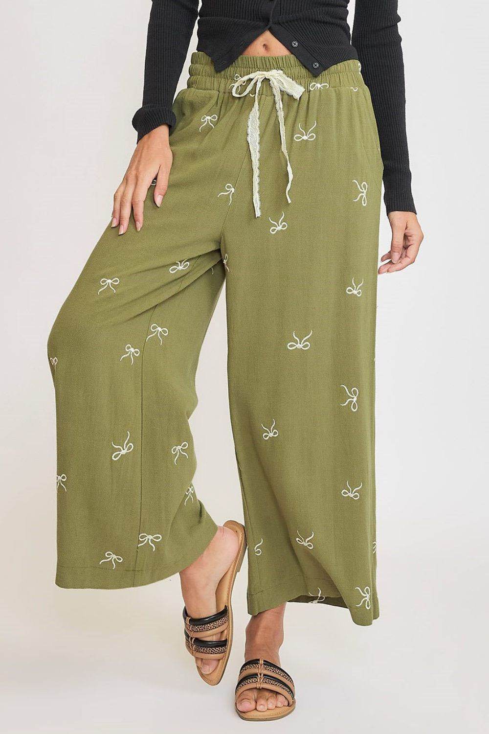 Umgee Full Size Lace Drawstring Embroidered Bow Wide Leg Pants Plus Size