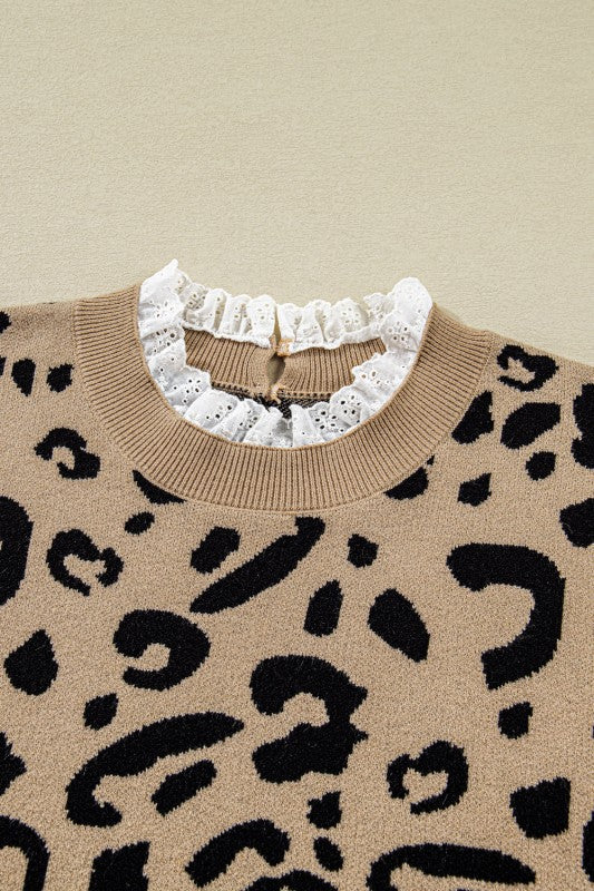 Plus Size Leopard Knit Lacy Trim Long Sleeve Sweat