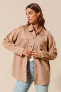SO ME Faux Sued Snap Shacket with Collar and Pockets