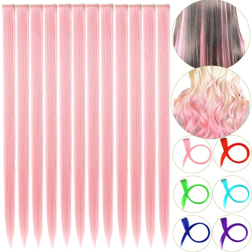 12 PCS Pink Hair Extensions Clip in 22" Colored Hair Extensions Highlights Colorful Hair Extensions Synthetic Straight Hair Piece DIY Hair Accessories on Daily Party (Pink)