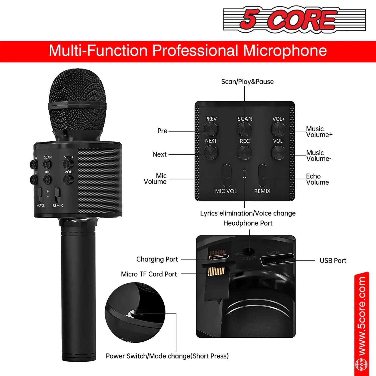 5Core Wireless Karaoke Microphone Bluetooth Mic Portable Handheld Microfonos Inalambricos