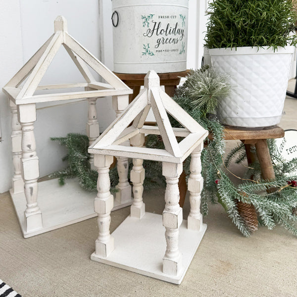 Distressed White Turned Wooden Open Lanterns, Set of Two