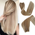 Sew in Hair Extensions Real Human Hair 18 inch 100g Hand Tied Weft Hair Extensions Human Hair Brown Mix Golden Blonde Highlights Remy Hair Extensions