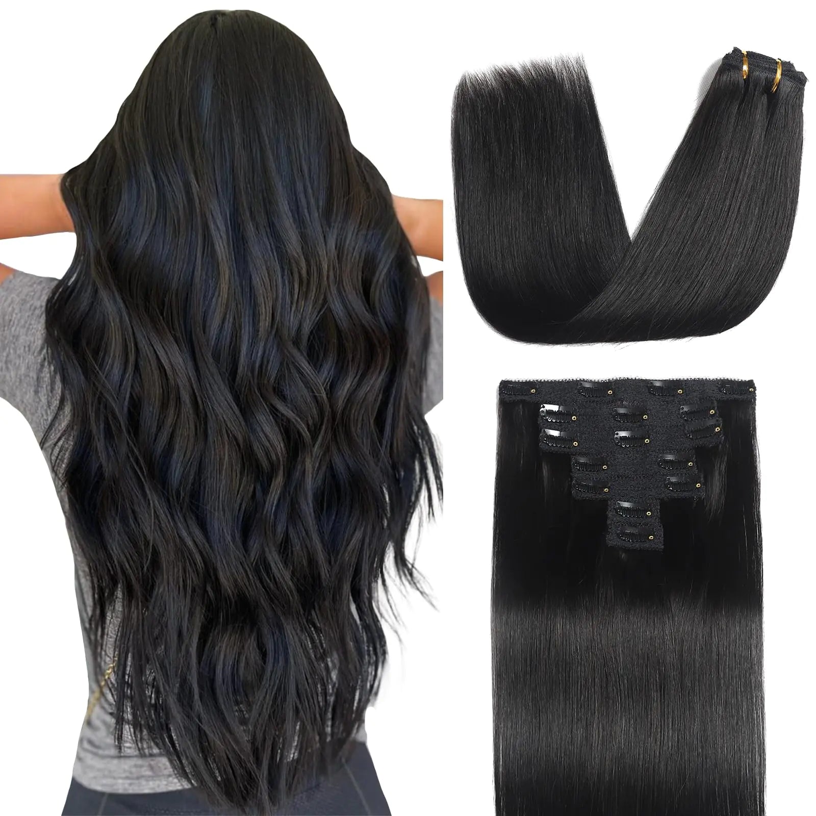 Sisily Clip in Hair Extensions Real Human Hair 24 Inch Premium Human Hair Clip in Extensions Natural Black Soft Straight Hair Extensions Real Human Hair Clip ins 7PCS Double Weft（24 Inch #1B）