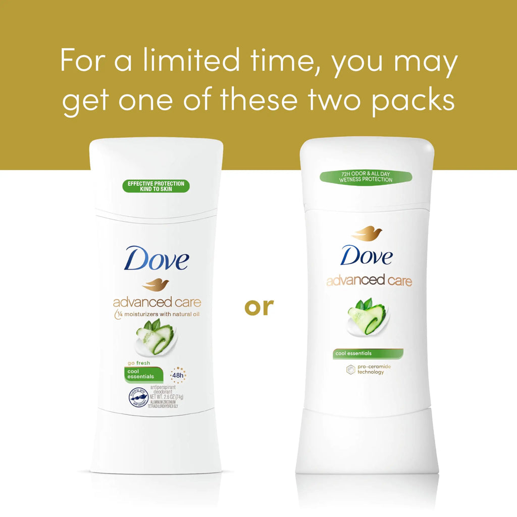 Dove Advanced Care Antiperspirant Deodorant Stick Cool Essentials 4 ct for helping your skin barrier repair after shaving 72 hour odor control and sweat protection with Pro Ceramide Technology 2.6 oz 2.6 Ounce (Pack of 4)