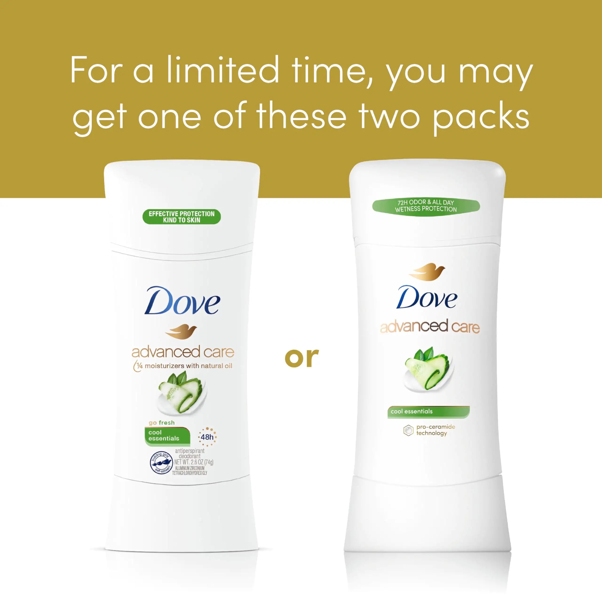 Dove Advanced Care Antiperspirant Deodorant Stick Cool Essentials 4 ct for helping your skin barrier repair after shaving 72 hour odor control and sweat protection with Pro Ceramide Technology 2.6 oz 2.6 Ounce (Pack of 4)