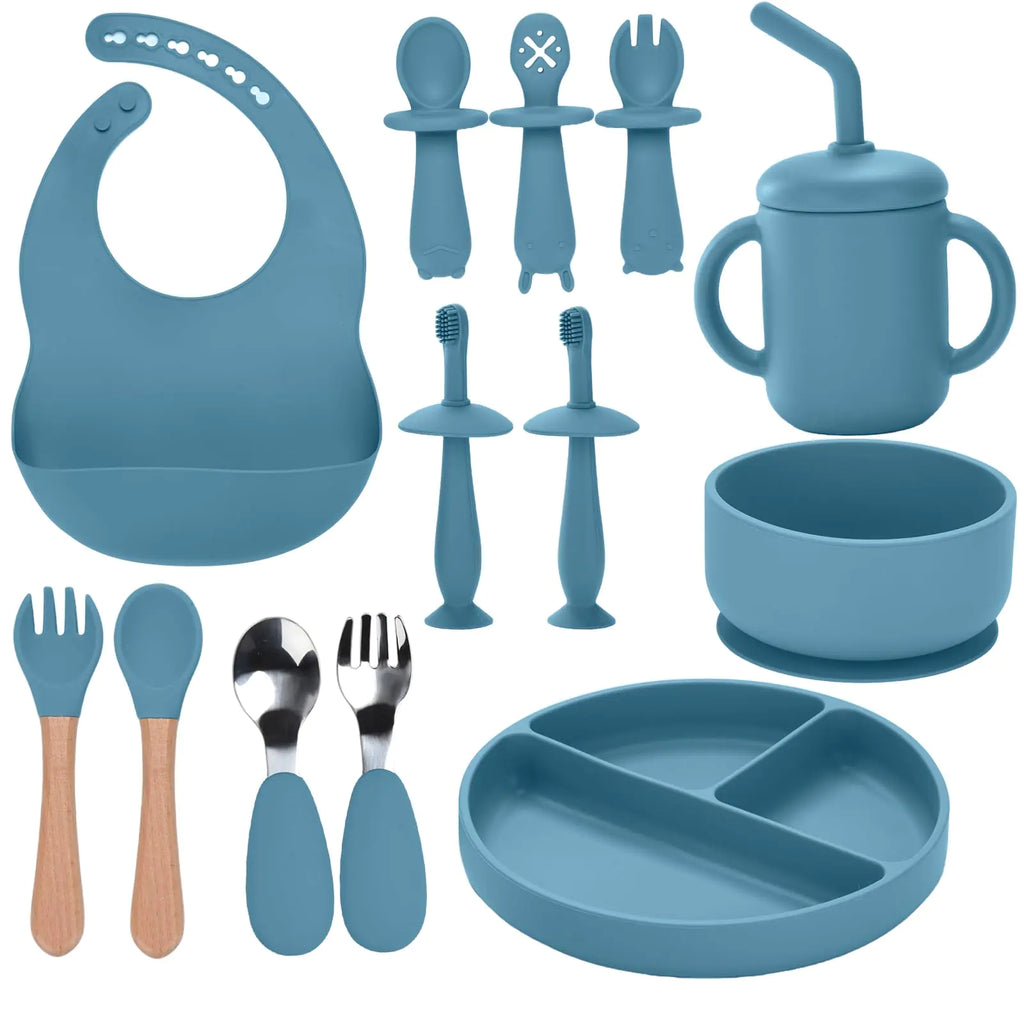 Silicone Baby Feeding Set 13PCS Baby Feeding Essentials with Suction Bowl and PlateSpoons & ForksBib & CupBaby ToothbrushBaby Led Weaning Supplies for 6+ MonthsBaby Eating Essentials (Blue)