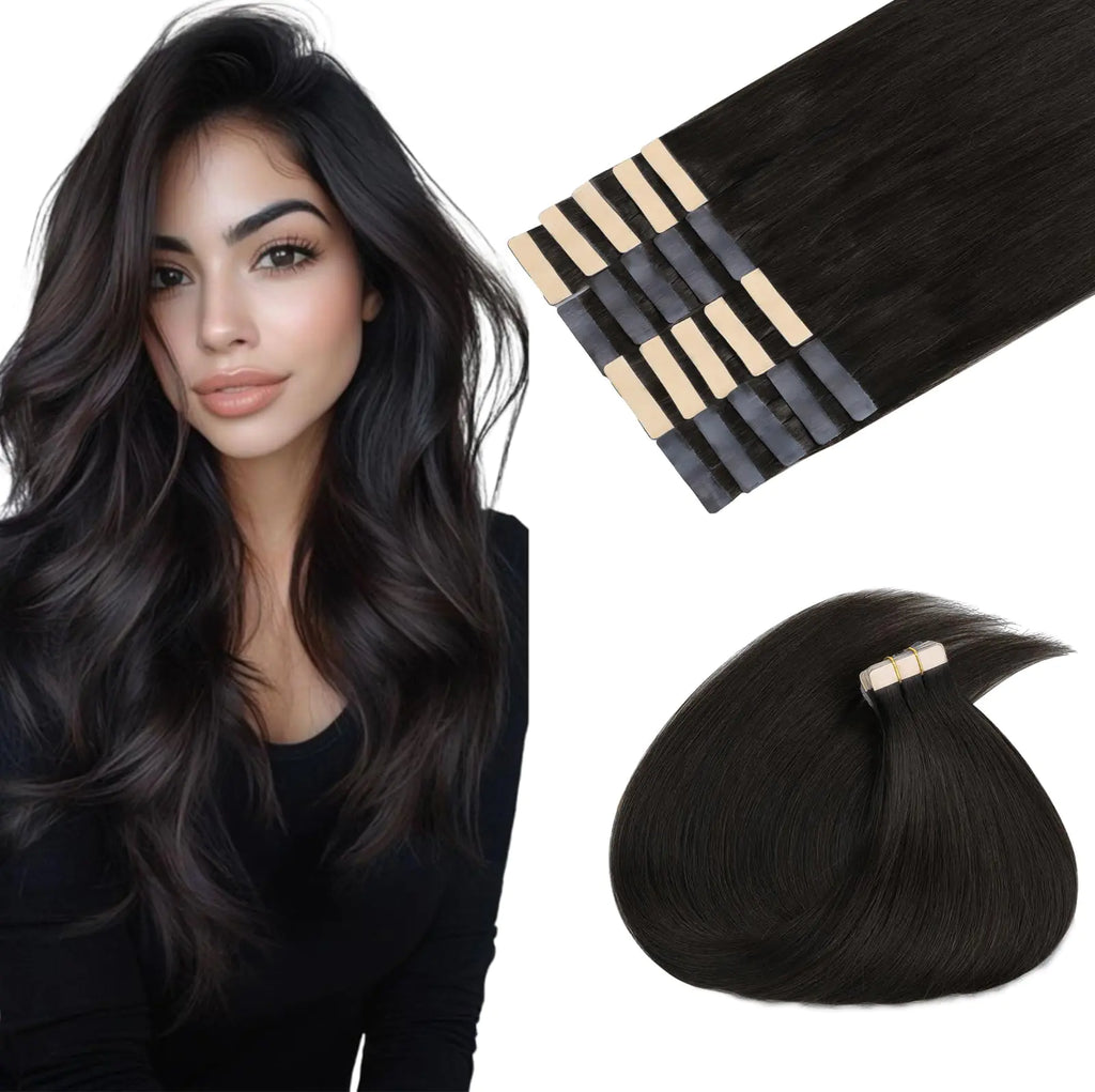 MAXITA Tape in Hair Extensions Human Hair Dark Brown 16 Inch 50g 20pcs Remy Human Hair Extensions Straight Seamless Real Hair Extensions Tape in Skin Weft Hair Extensions for Women