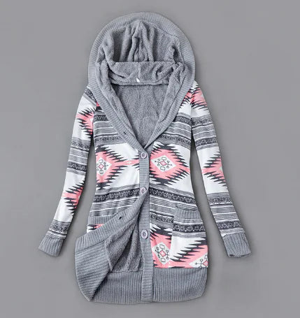 Thick Printed Hooded Knitted Cardigan Jacket