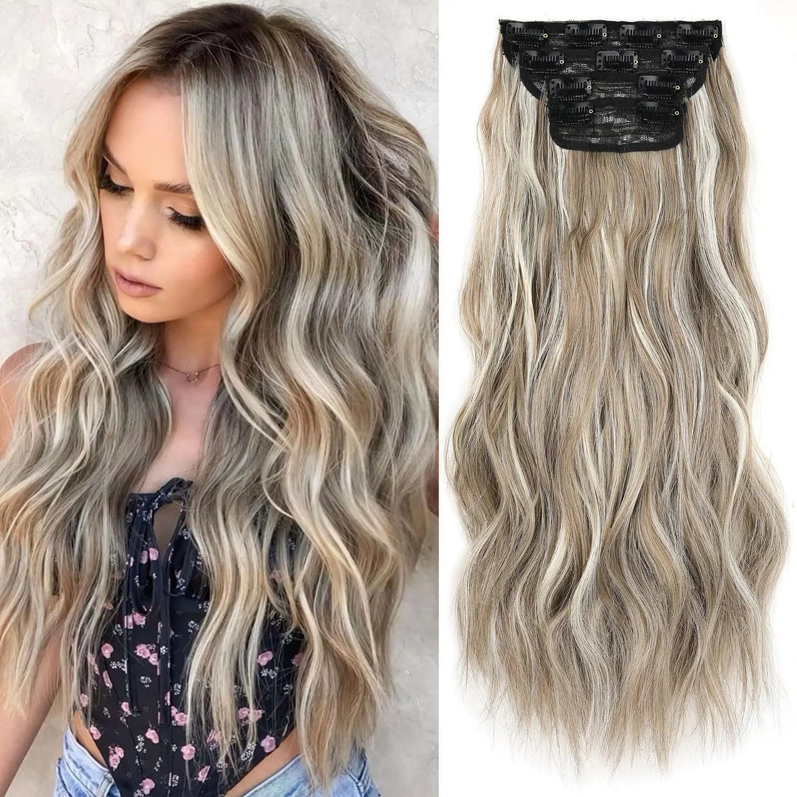 ZRQ Clip in Hair Extensions 20 In Long Wavy Ash Brown with BlondeHair Extensions Clip in 4Pcs Thick Soft Synthetic Clip in Hairpieces for Women Girls #12H613