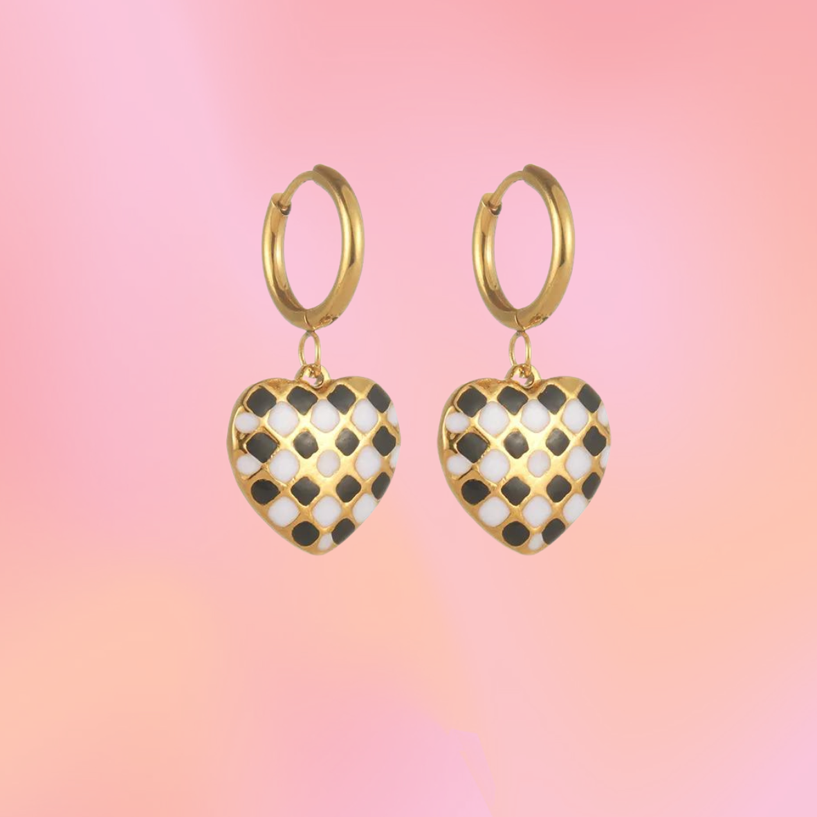 Checkered heart titanium earrings