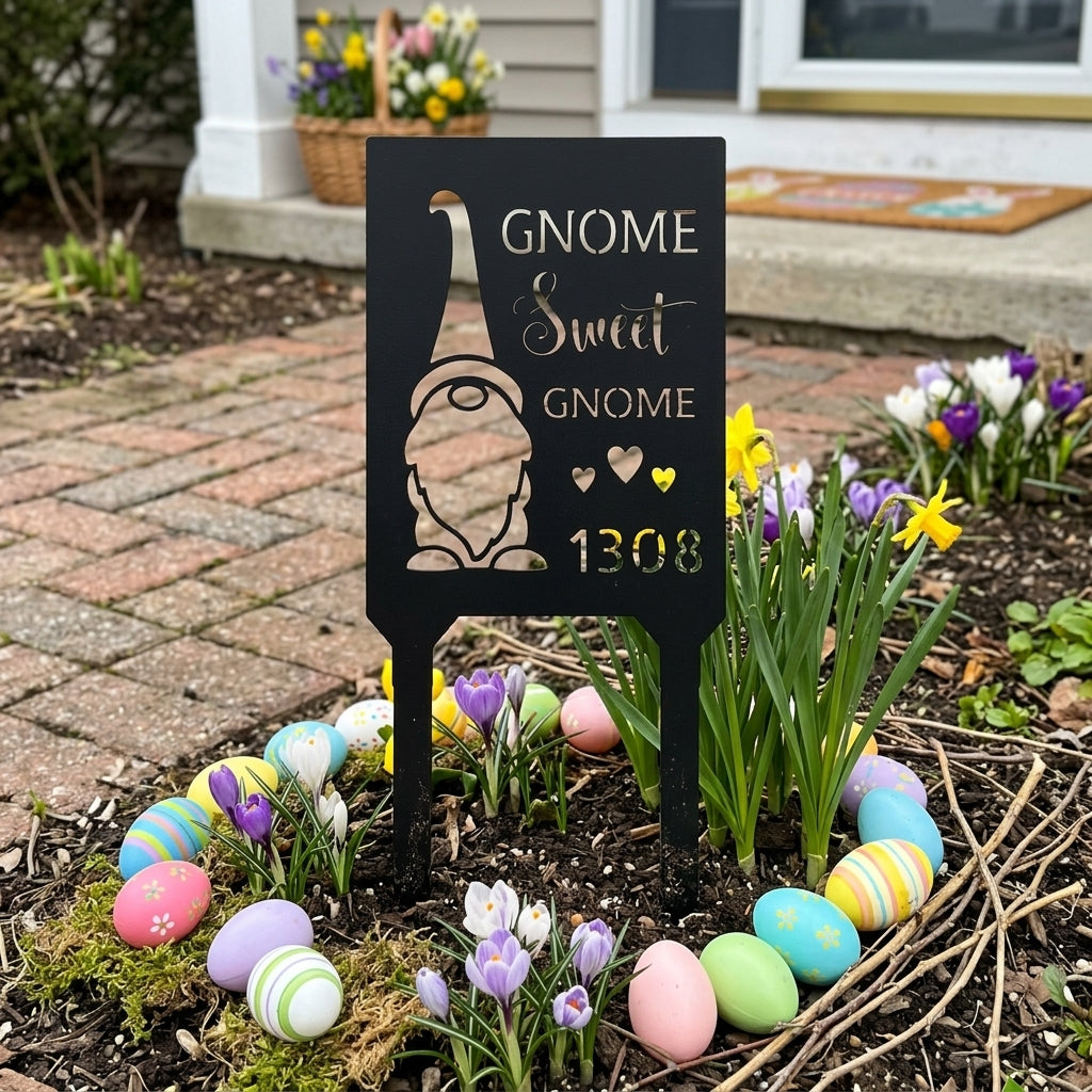 Personalized Gnome Garden Stake - Custom Metal Yard Art - Gnome Home Sign
