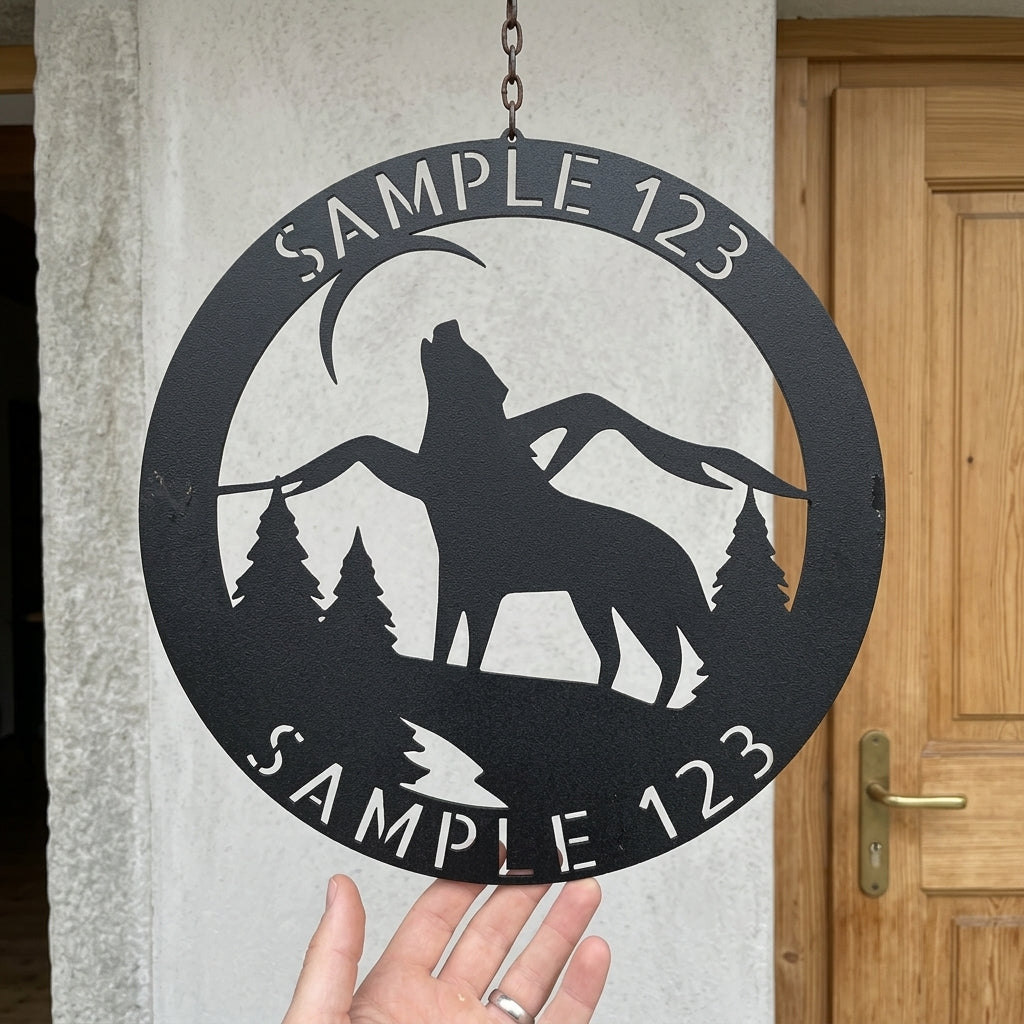 Personalized Howling Wolf Metal Sign - Custom Wildlife Forest Wall Art - Rustic Cabin Decor