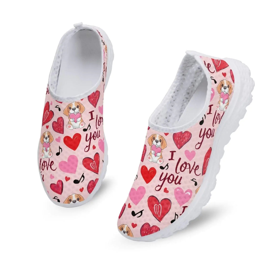 Bigcardesigns Valentine Love Dog Shoes for Womens Walking Shoes Pink Slip-on Sneakers Mesh Running Shoes Athletic Workout Shoes Woman Tennis Shoes Valentine Sneakers