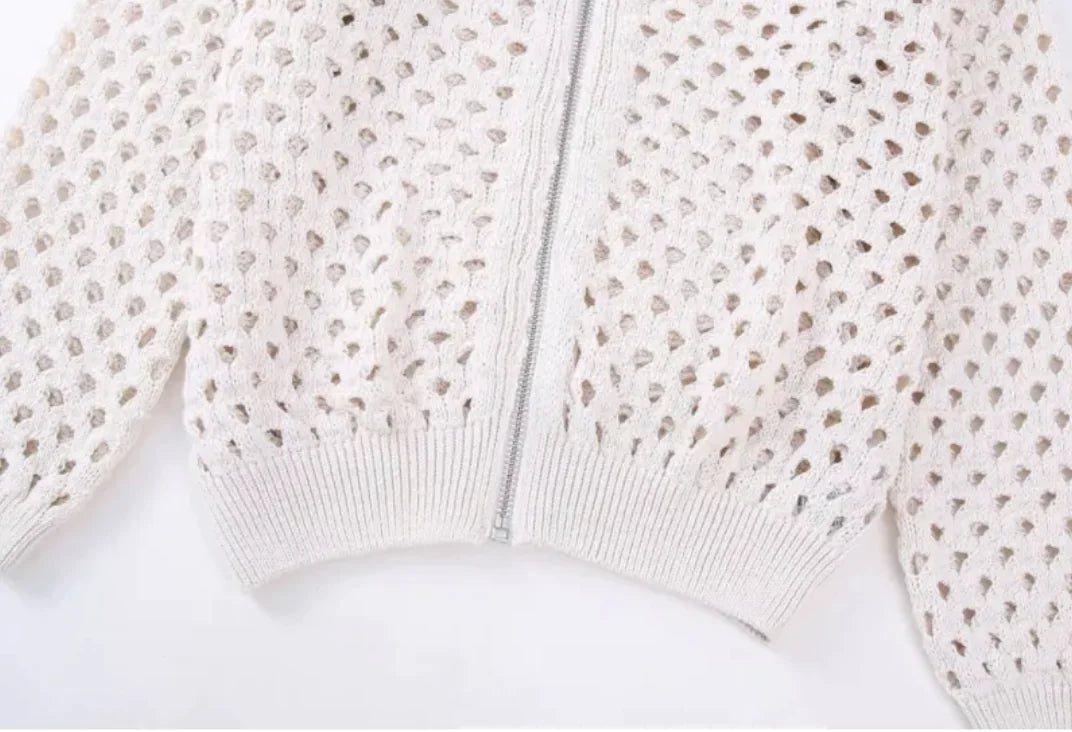 Open Knit Zip-Up Bomber Jacket